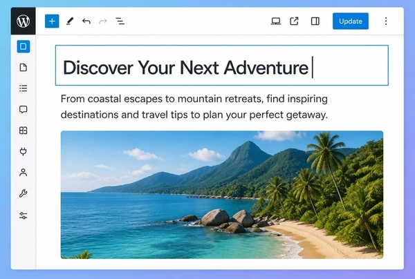 A WordPress editor open on a travel page with a heading, a paragraph and an image block