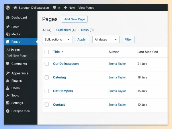 A WordPress pages list for a delicatessen website showing four pages and when each was last updated
