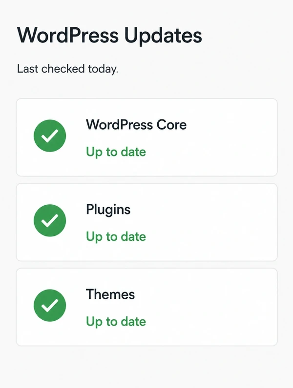 A WordPress updates screen showing core, plugins and themes all up to date