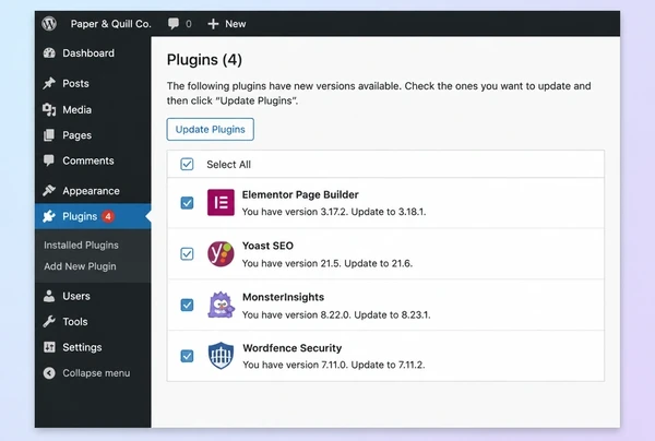 A WordPress updates screen for a stationery brand website with four plugins ticked for update