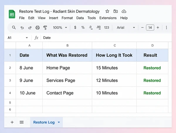 A Google Sheets restore test log for a dermatology clinic website with three dated successful tests