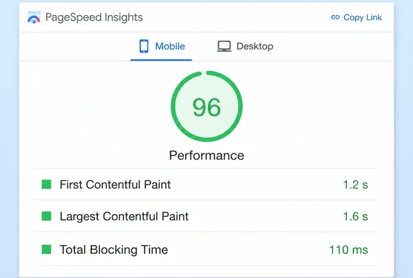 A PageSpeed Insights mobile report for an orthodontic practice page with a green score and three timings
