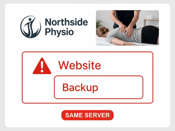 Northside Physio diagram places its Backup inside the same Website server box beside a warning.