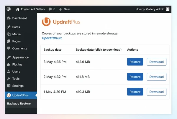 An UpdraftPlus screen for an art gallery website listing three dated backups with restore buttons