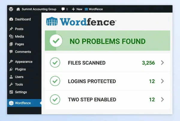 A Wordfence scan for an accountancy practice website showing a clean result and three checked items