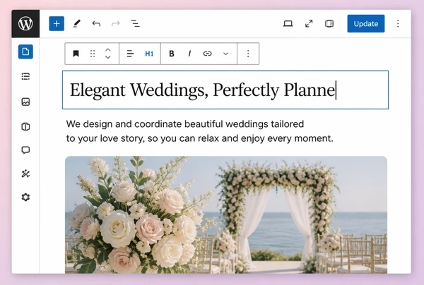 A WordPress editor open on a wedding planner page with a heading, a paragraph and an image block