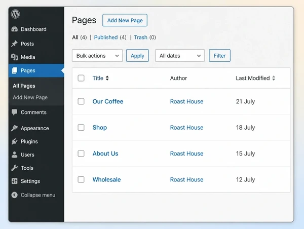A WordPress pages list for a coffee roastery website showing four pages and when each was last updated
