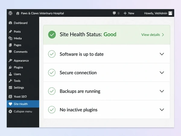 A WordPress site health screen for a veterinary practice website showing a good status and four ticks