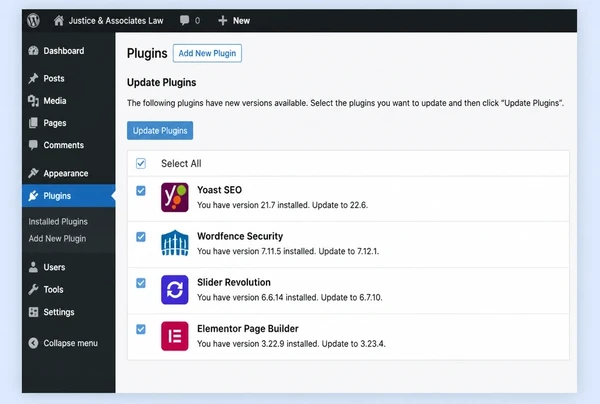 A WordPress updates screen for a law practice website with four plugins ticked for update