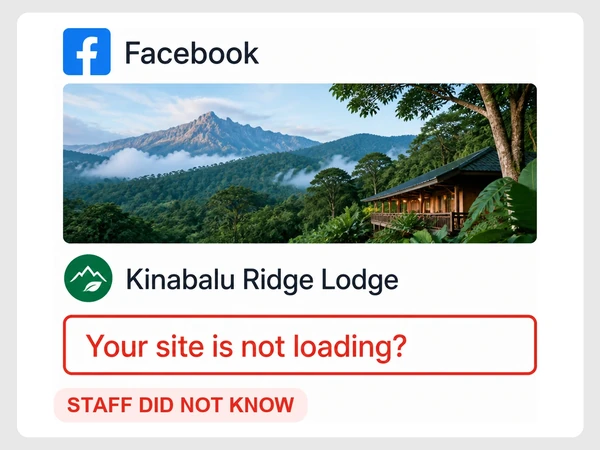 Kinabalu Ridge Lodge staff learn from a Facebook guest comment that the site is not loading.