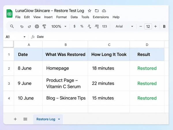 A Google Sheets restore test log for a skincare brand website with three dated successful tests