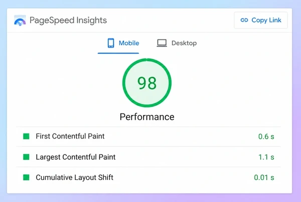 A PageSpeed Insights mobile report for a dental practice page with a green score and three timings