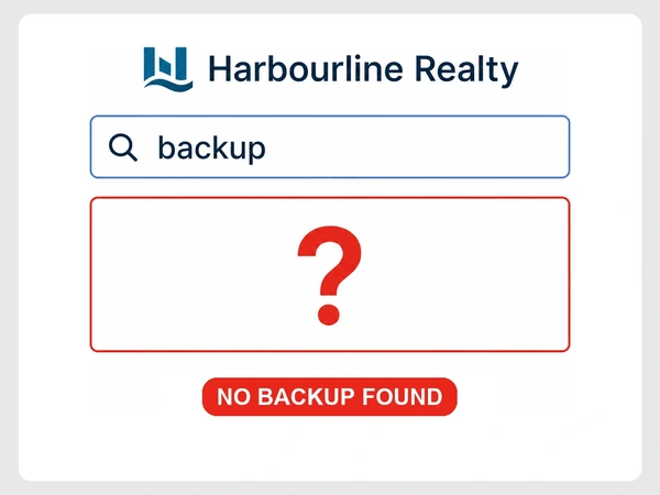 Harbourline Realty's file search for backup returns no results and a red question mark.