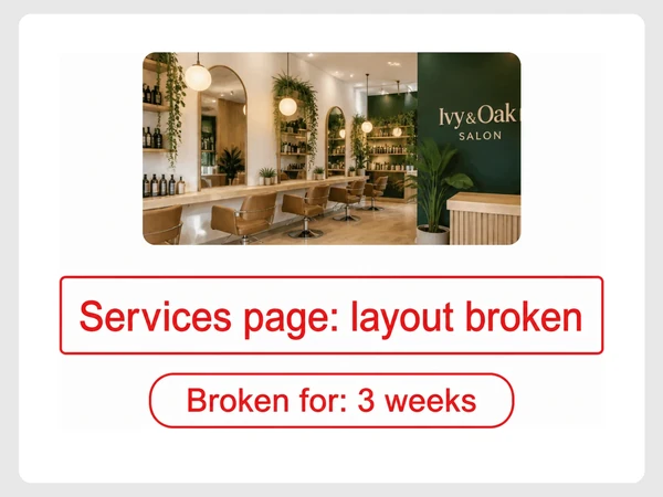 Ivy & Oak Salon's services page has had a broken layout for three weeks.