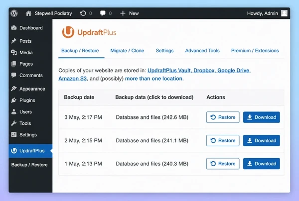 An UpdraftPlus screen for a podiatry practice website listing three dated backups with restore buttons