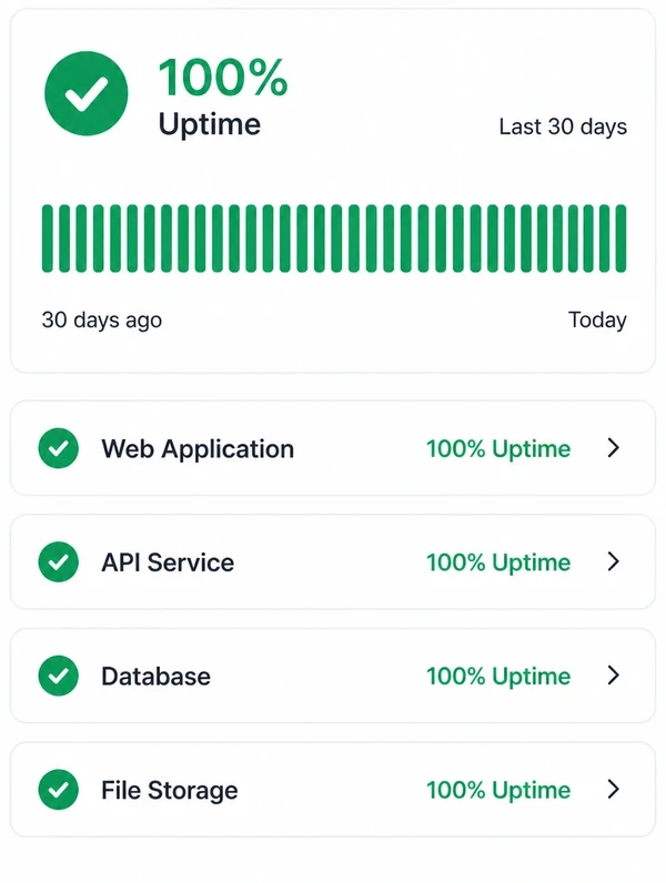 An uptime overview showing 100 percent uptime across the last thirty days