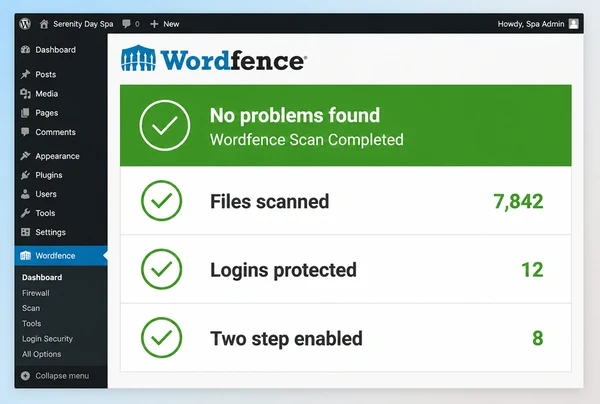 A Wordfence scan for a day spa website showing a clean result and three checked items