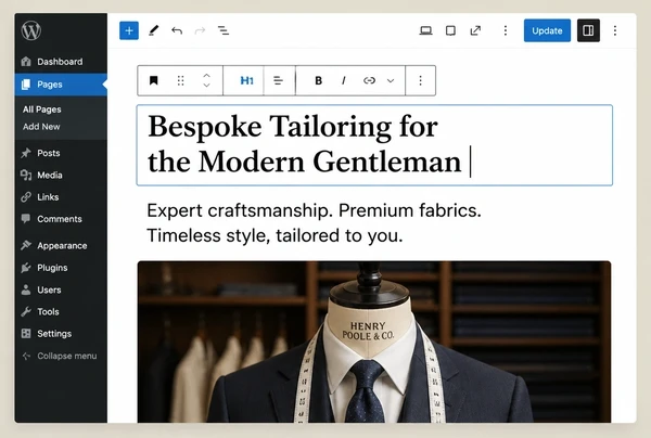 A WordPress editor open on a bespoke tailor page with a heading, a paragraph and an image block