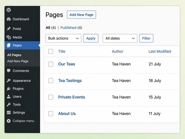 A WordPress pages list for a tea house website showing four pages and when each was last updated