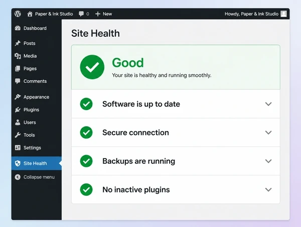 A WordPress site health screen for a stationery brand website showing a good status and four ticks