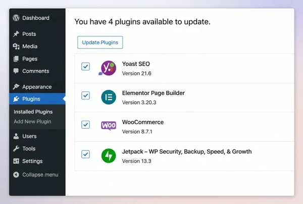 A WordPress updates screen for a candle maker website with four plugins ticked for update