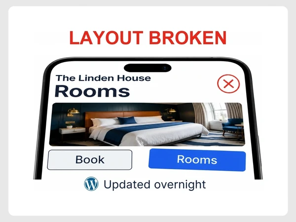 The Linden House rooms page shows a distorted photo and misaligned buttons after an overnight WordPress update.