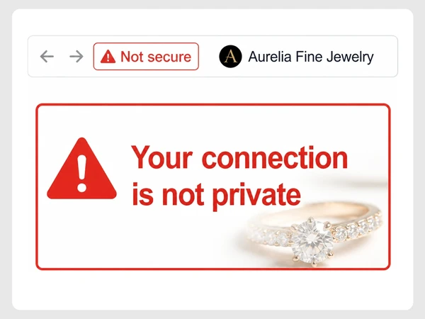 Aurelia Fine Jewelry's browser shows Not secure and Your connection is not private over a faded ring photo.