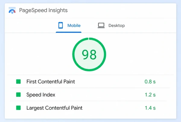 A PageSpeed Insights mobile report for a bookshop page with a green score and three timings