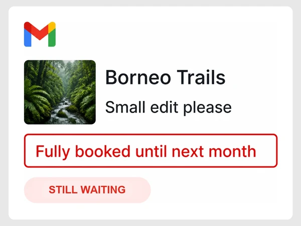Borneo Trails' small edit request receives an automatic reply saying the developer is booked until next month.
