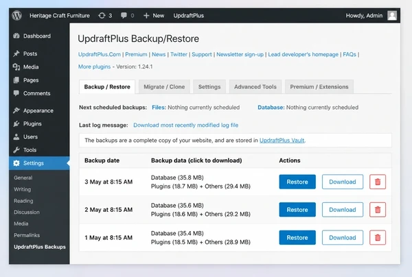 An UpdraftPlus screen for a furniture maker website listing three dated backups with restore buttons
