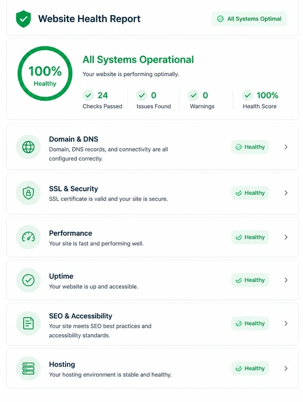 A website health report with every check passing