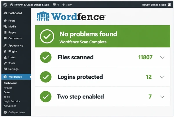 A Wordfence scan for a dance studio website showing a clean result and three checked items