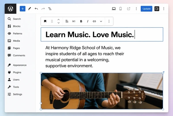 A WordPress editor open on a music school page with a heading, a paragraph and an image block