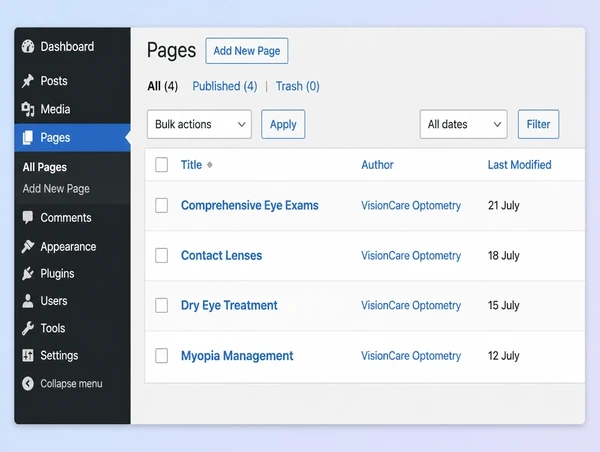 A WordPress pages list for an optometry practice website showing four pages and when each was last updated