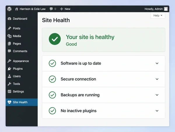 A WordPress site health screen for a law practice website showing a good status and four ticks