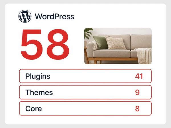 Oakline Furniture WordPress screen shows 58 waiting updates, including 41 plugins, 9 themes, and 8 core updates.