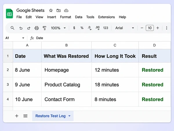 A Google Sheets restore test log for a florist website with three dated successful tests