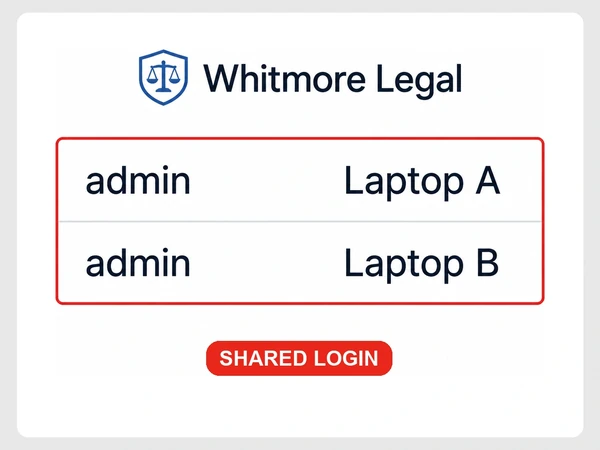 Whitmore Legal login history shows the same admin username used on Laptop A and Laptop B.