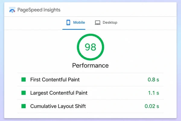 A PageSpeed Insights mobile report for a coffee roastery page with a green score and three timings