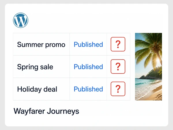 Wayfarer Journeys WordPress list keeps three old campaign pages published with unknown owners.