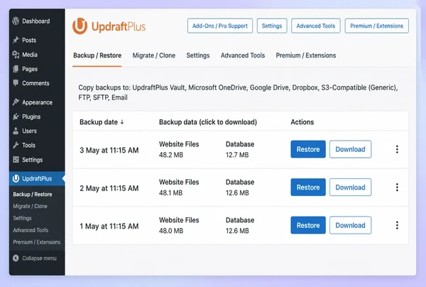 An UpdraftPlus screen for a veterinary practice website listing three dated backups with restore buttons