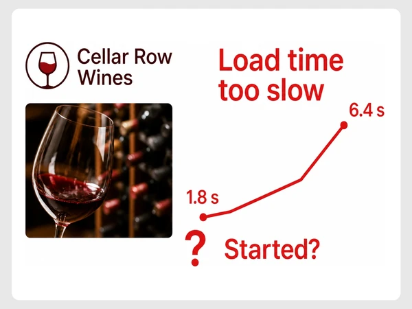 Cellar Row Wines load time climbs from 1.8 to 6.4 seconds with an unknown starting point.