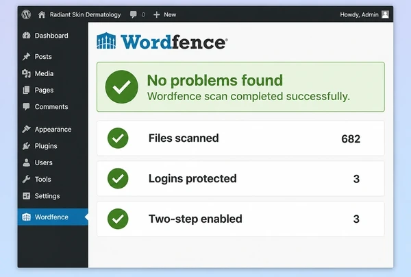 A Wordfence scan for a dermatology clinic website showing a clean result and three checked items