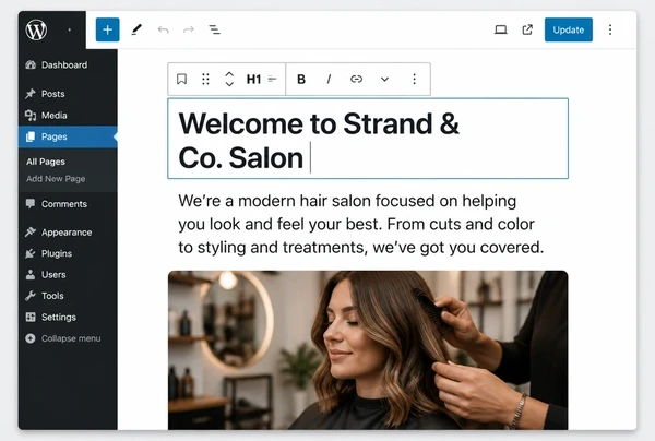 A WordPress editor open on a hair salon page with a heading, a paragraph and an image block