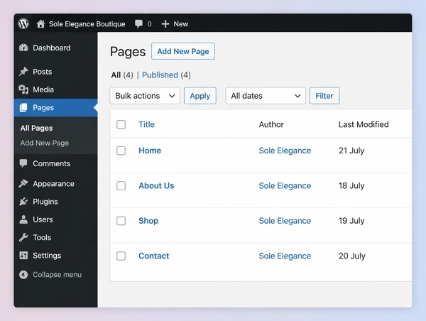 A WordPress pages list for a shoe boutique website showing four pages and when each was last updated