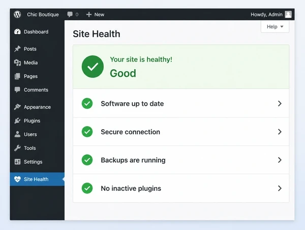 A WordPress site health screen for a fashion boutique website showing a good status and four ticks