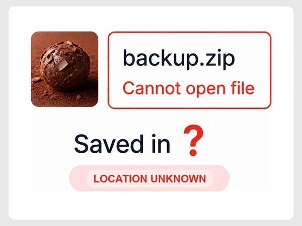 Noir Cacao backup.zip cannot open and its saved location remains a red question mark.