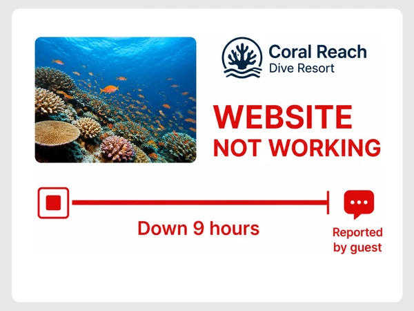 Coral Reach Dive Resort uptime timeline shows Down 9 hours before a guest reports it.