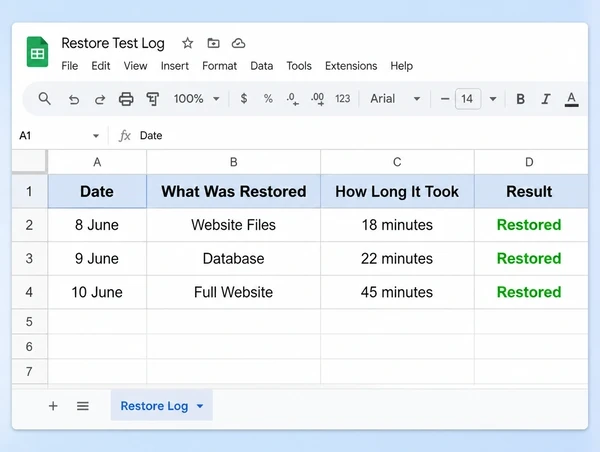 A Google Sheets restore test log for a podiatry practice website with three dated successful tests