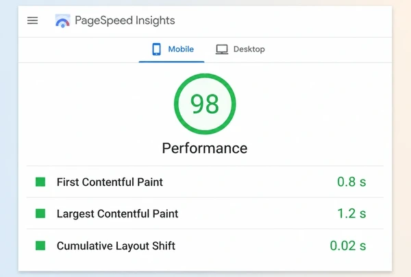 A PageSpeed Insights mobile report for a chiropractic clinic page with a green score and three timings